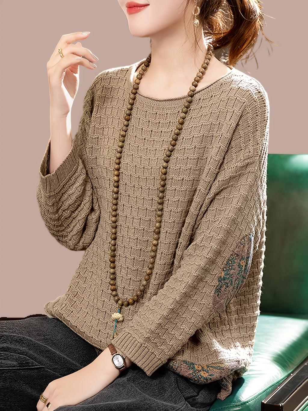 Vintage Patchwork Sweater Women's Fashion Lazy Style Loose Casual Pullover Long Sleeve Top