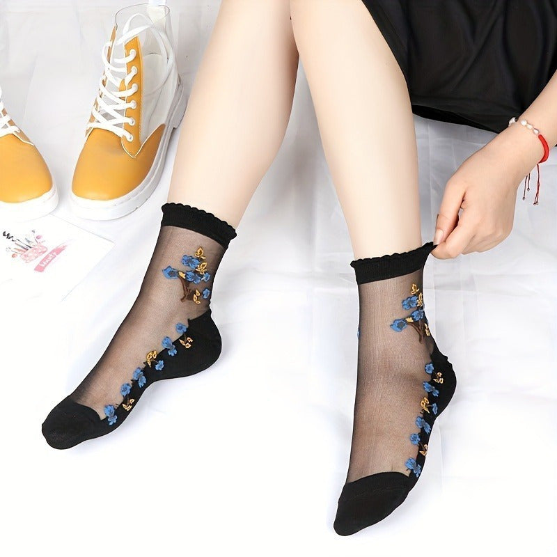 5 Pairs Women's Floral & Crystal Embellished Mesh Mid-Calf Socks - Breathable Sheer Thin Stockings with Elastic Ribbed Top, Machine Washable for Spring Summer Fall Casual & Formal Wear, Seasonal Hosiery, Durable Sock Material