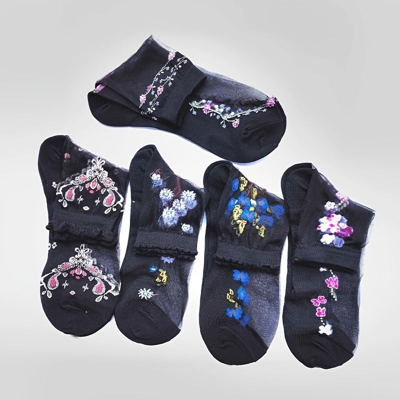 5 Pairs Women's Floral & Crystal Embellished Mesh Mid-Calf Socks - Breathable Sheer Thin Stockings with Elastic Ribbed Top, Machine Washable for Spring Summer Fall Casual & Formal Wear, Seasonal Hosiery, Durable Sock Material