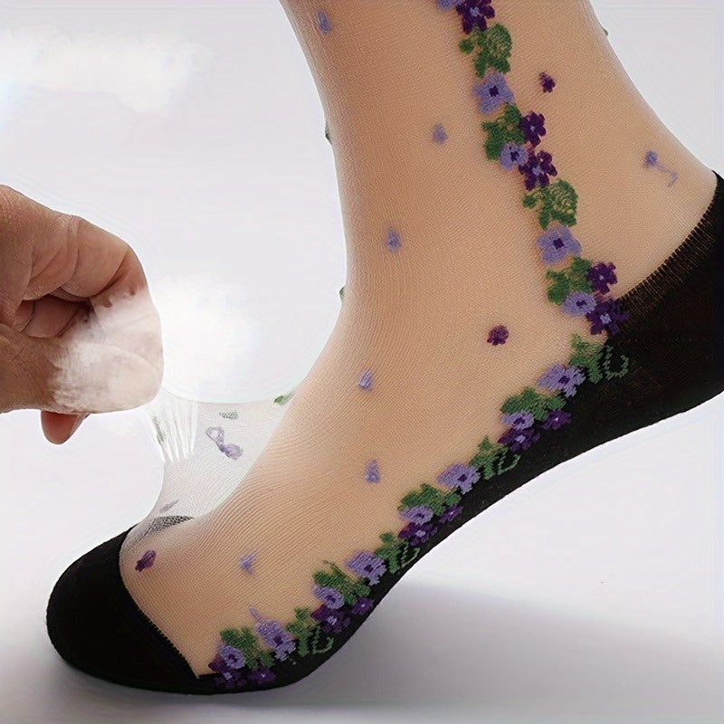 5 Pairs Women's Floral & Crystal Embellished Mesh Mid-Calf Socks - Breathable Sheer Thin Stockings with Elastic Ribbed Top, Machine Washable for Spring Summer Fall Casual & Formal Wear, Seasonal Hosiery, Durable Sock Material