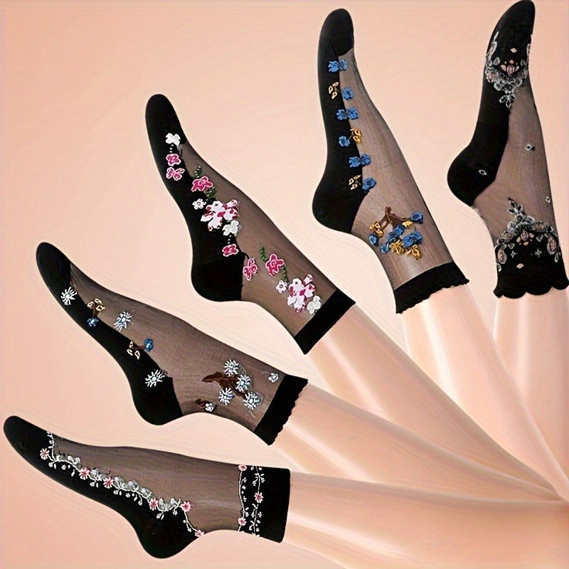 5 Pairs Women's Floral & Crystal Embellished Mesh Mid-Calf Socks - Breathable Sheer Thin Stockings with Elastic Ribbed Top, Machine Washable for Spring Summer Fall Casual & Formal Wear, Seasonal Hosiery, Durable Sock Material