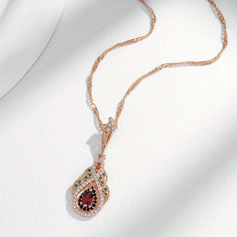 1pc Golden Color Love Heart Flower Pendant Necklace for Women Teardrop Cut Red Stone Accessories Vintage Jewelry for pretend play, Perfect for Winter, New Year