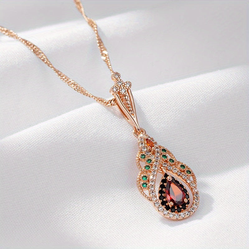 1pc Golden Color Love Heart Flower Pendant Necklace for Women Teardrop Cut Red Stone Accessories Vintage Jewelry for pretend play, Perfect for Winter, New Year