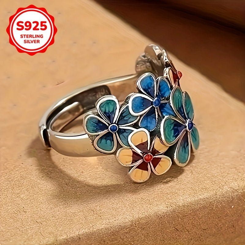 Bohemian Style 925 Sterling Silvery Floral Ring, Suitable for Women, Vintage Ethnic Handmade Jewelry, Suitable for Daily Wear, Four Seasons Applicable