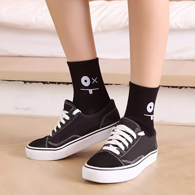 5 Pairs Women's Fun Cartoon Face Print Mid-Calf Socks - Soft Breathable All-Season Casual & Sports Socks with Assorted Colors & Playful Designs, Novelty Socks, Seasonal Wear, Comfortable Wear