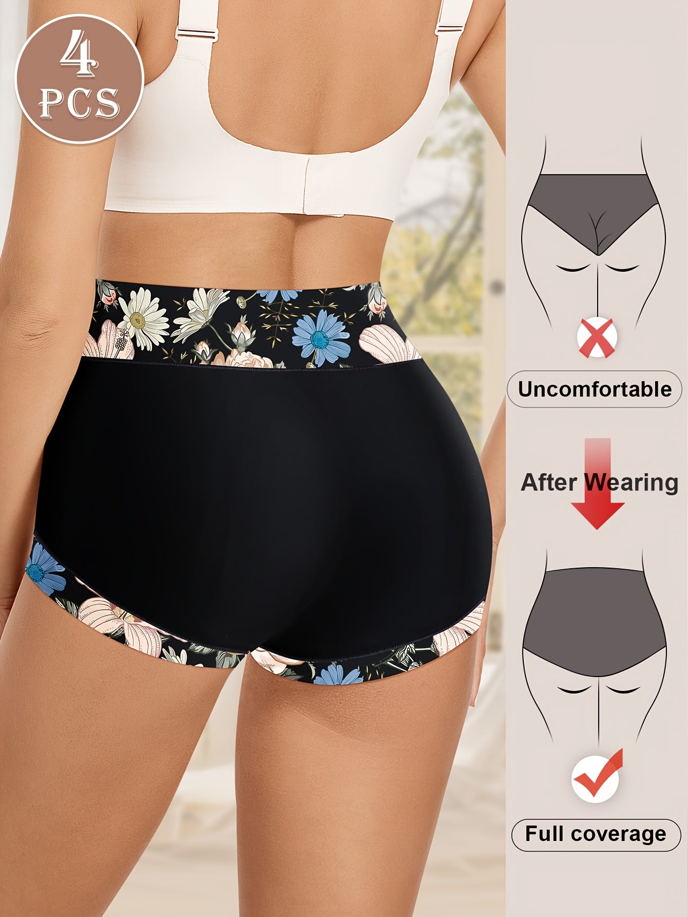 4-Pack MEIYATING Women's High-Waisted Briefs - Floral Print Soft Breathable Underwear, S-XXL Sizes, Elegant Comfort for Everyday & Special Occasions, Cute Underwear, Comfortable Lingerie, Cute Floral Underwear, Highquality Underwear