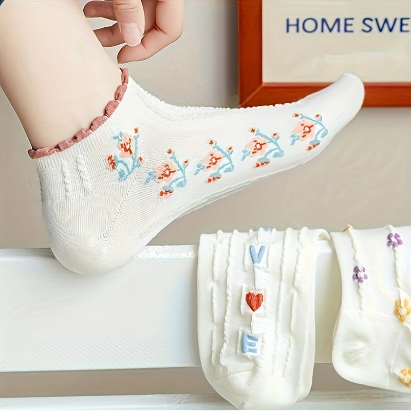 5 Pairs Women'S Floral & Letter Ankle Socks - Breathable, Comfortable Knit Fabric, Ruffled Edge Design, Pastel Colors with Colorful Lettering (Ace, Love, Friendship, Sister, Sisterhood) - Casual Wear, Cute Socks
