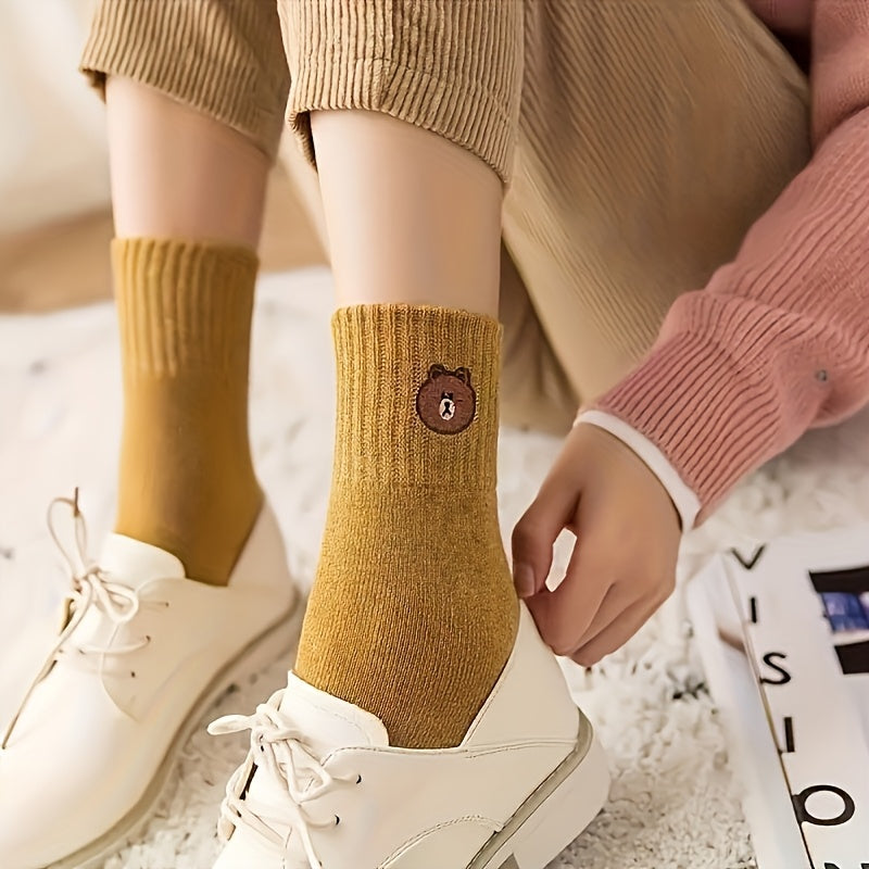 5 Pairs Women's Cute Bear Cartoon Mid-Calf Socks - Breathable Polyester-Spandex Blend, Stretchy & Machine Washable, Assorted Colors (Olive Green, Brown, Beige, Black, Navy) for Casual & Office Wear