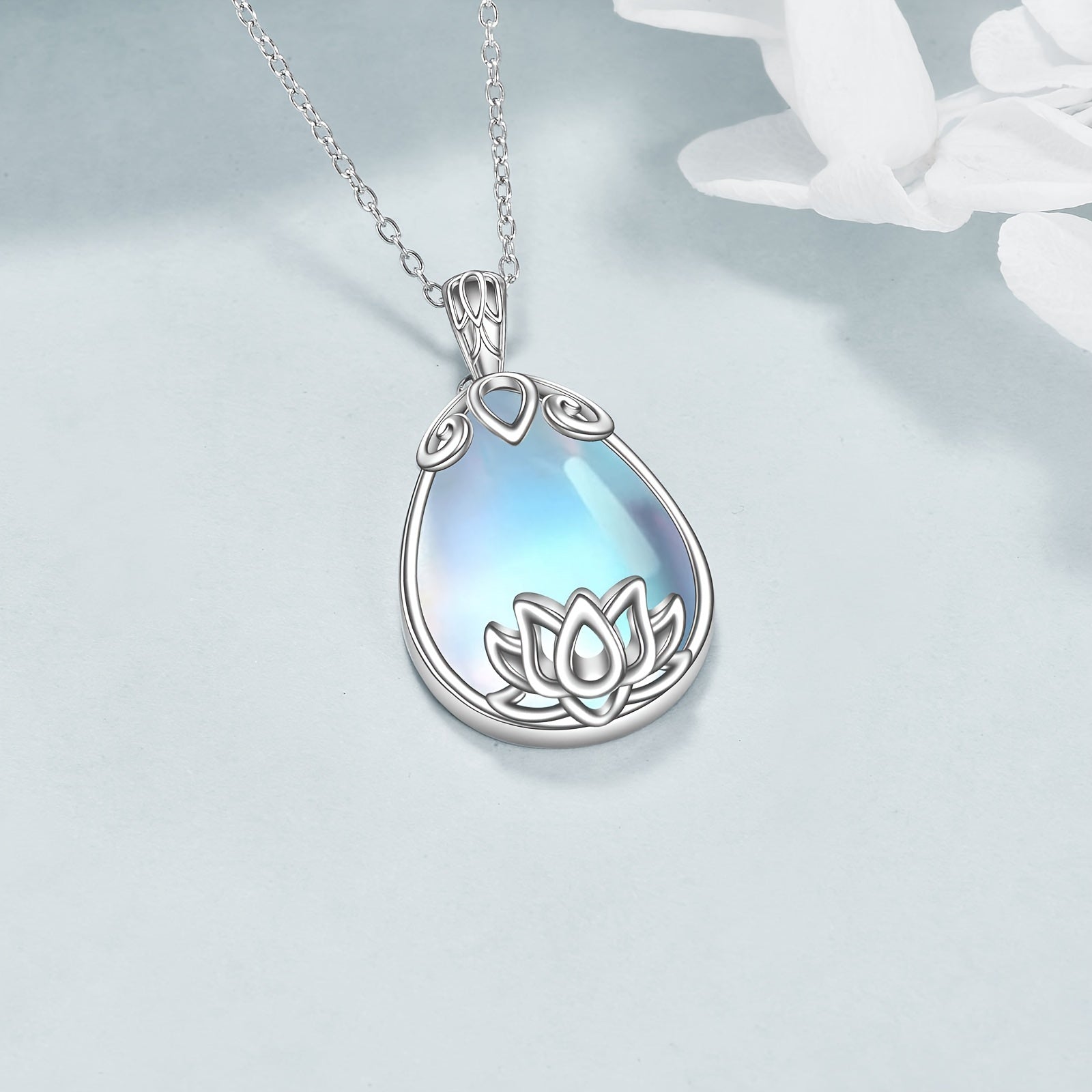 Moonstone Lotus Necklace 925 Sterling Silver Filigree Teardrop Pendant Necklace Jewelry Gift For Women