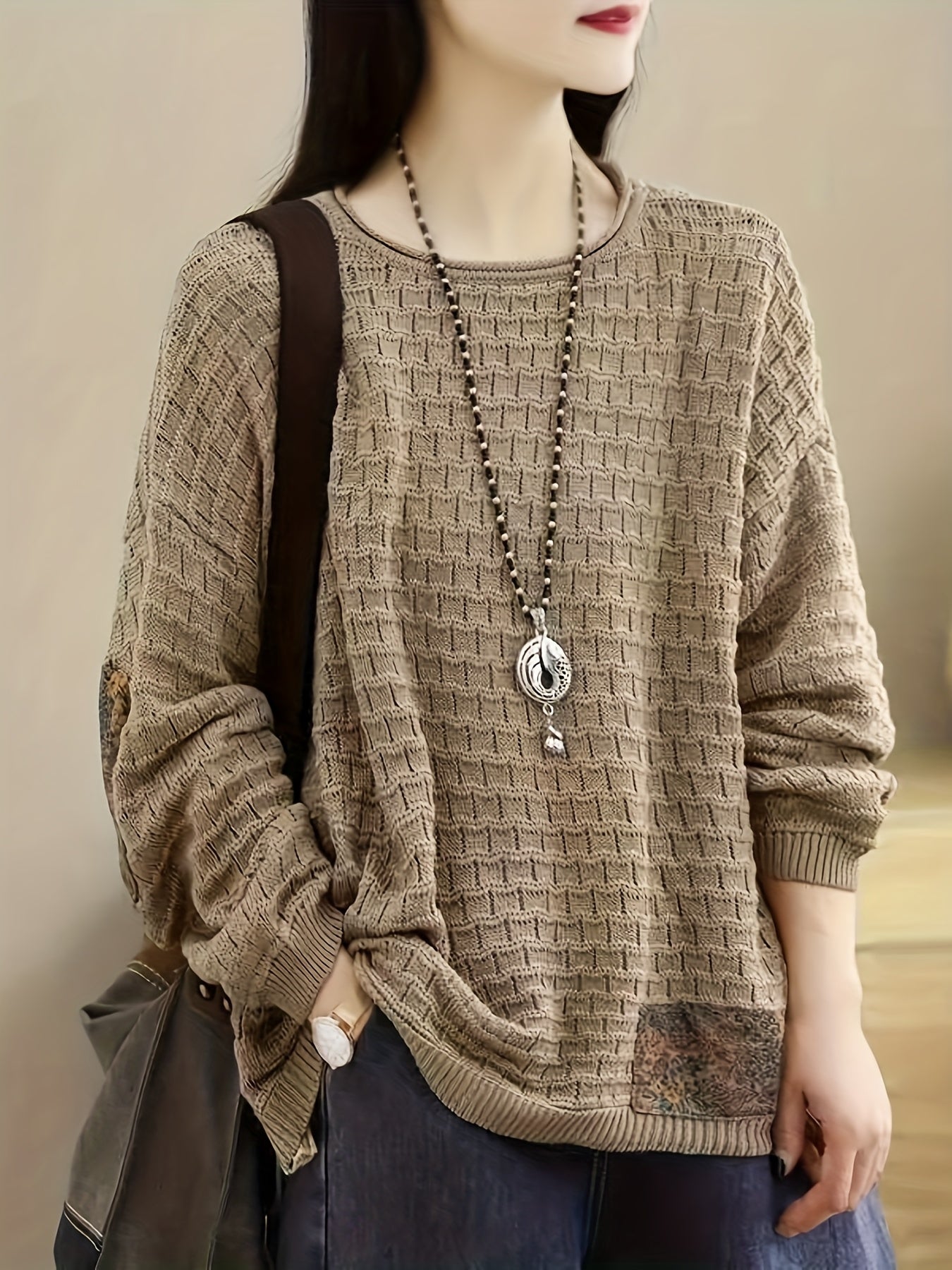 Vintage Patchwork Sweater Women's Fashion Lazy Style Loose Casual Pullover Long Sleeve Top