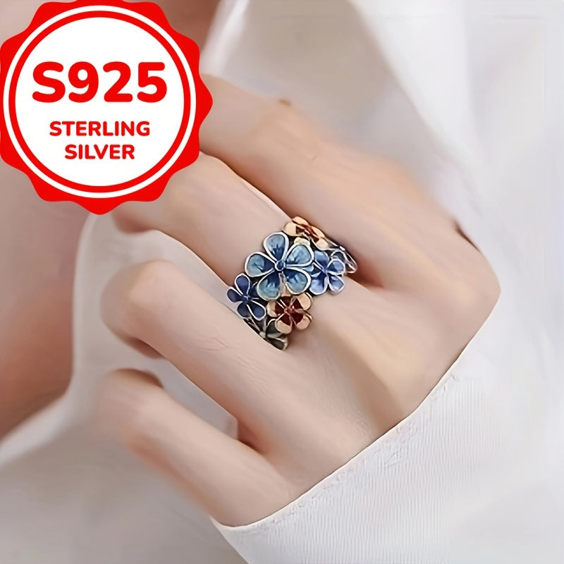 Bohemian Style 925 Sterling Silvery Floral Ring, Suitable for Women, Vintage Ethnic Handmade Jewelry, Suitable for Daily Wear, Four Seasons Applicable