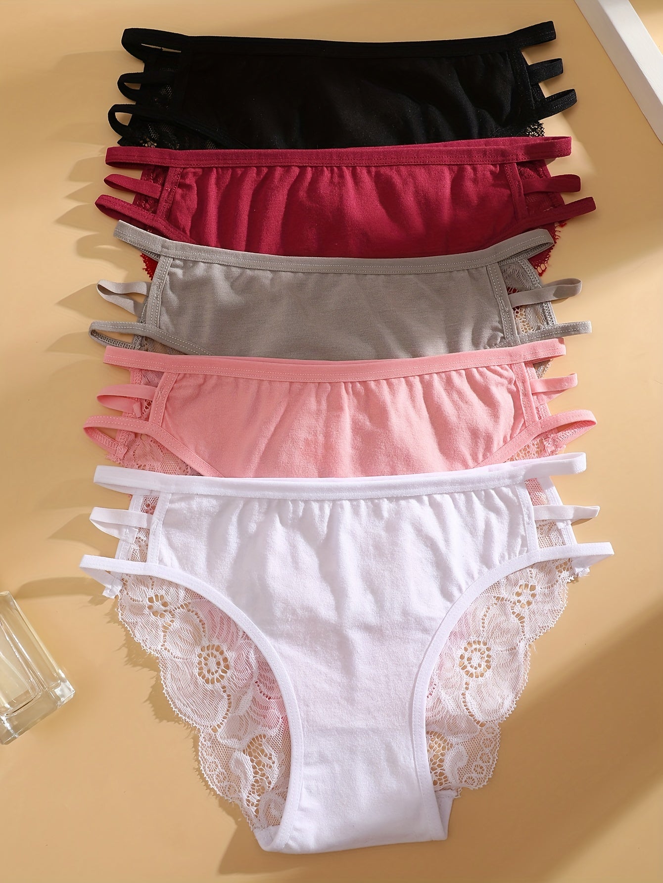 5pcs Women'S Solid Color Lace Trim Fashion Hollow Triangle Briefs, Polyester, Sexy, Knit Fabric, 180g\u002Fm², with Contrast Lace for Women