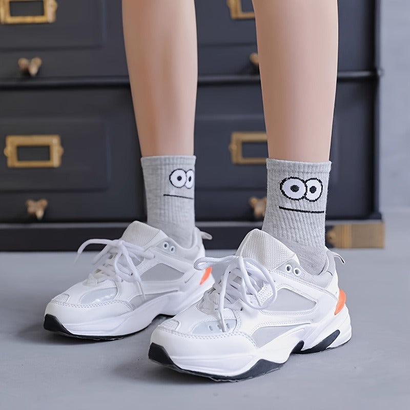 5 Pairs Women's Fun Cartoon Face Print Mid-Calf Socks - Soft Breathable All-Season Casual & Sports Socks with Assorted Colors & Playful Designs, Novelty Socks, Seasonal Wear, Comfortable Wear
