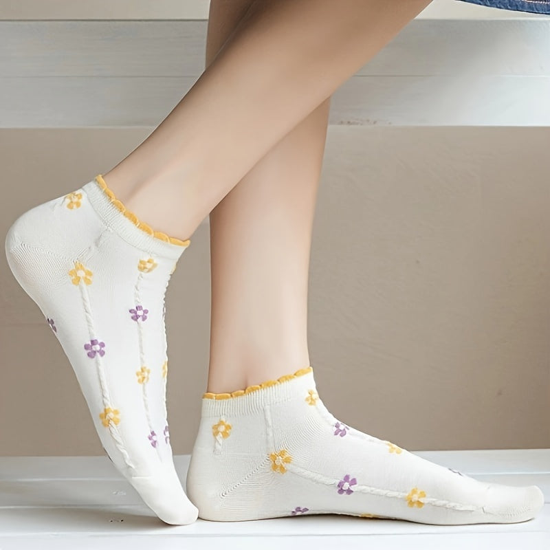 5 Pairs Women'S Floral & Letter Ankle Socks - Breathable, Comfortable Knit Fabric, Ruffled Edge Design, Pastel Colors with Colorful Lettering (Ace, Love, Friendship, Sister, Sisterhood) - Casual Wear, Cute Socks
