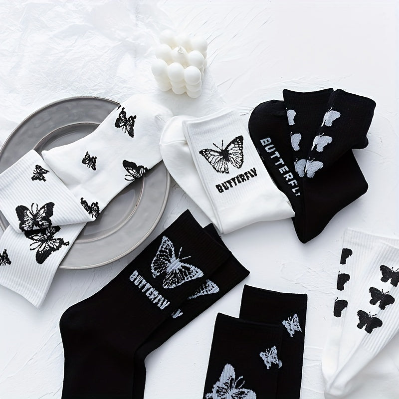 New Solid Color Black and White Butterfly Socks, Street Style Couple Socks for Men and Women