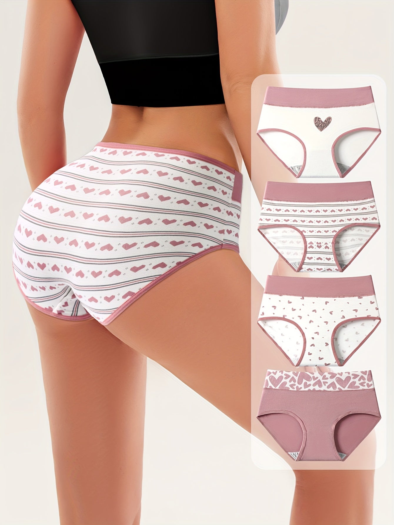 4pcs Women'S Briefs with Heart Print - High Waist, Soft & Breathable, Elastic Waistband, Comfortable Underwear for Autumn and Winter, Autumn Underwear | Heart Print Briefs | Comfortable Fit