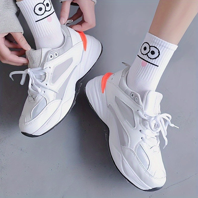 5 Pairs Women's Fun Cartoon Face Print Mid-Calf Socks - Soft Breathable All-Season Casual & Sports Socks with Assorted Colors & Playful Designs, Novelty Socks, Seasonal Wear, Comfortable Wear