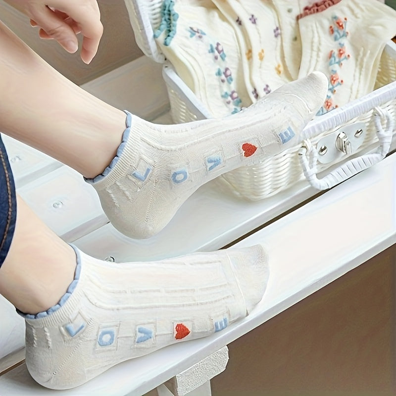 5 Pairs Women'S Floral & Letter Ankle Socks - Breathable, Comfortable Knit Fabric, Ruffled Edge Design, Pastel Colors with Colorful Lettering (Ace, Love, Friendship, Sister, Sisterhood) - Casual Wear, Cute Socks