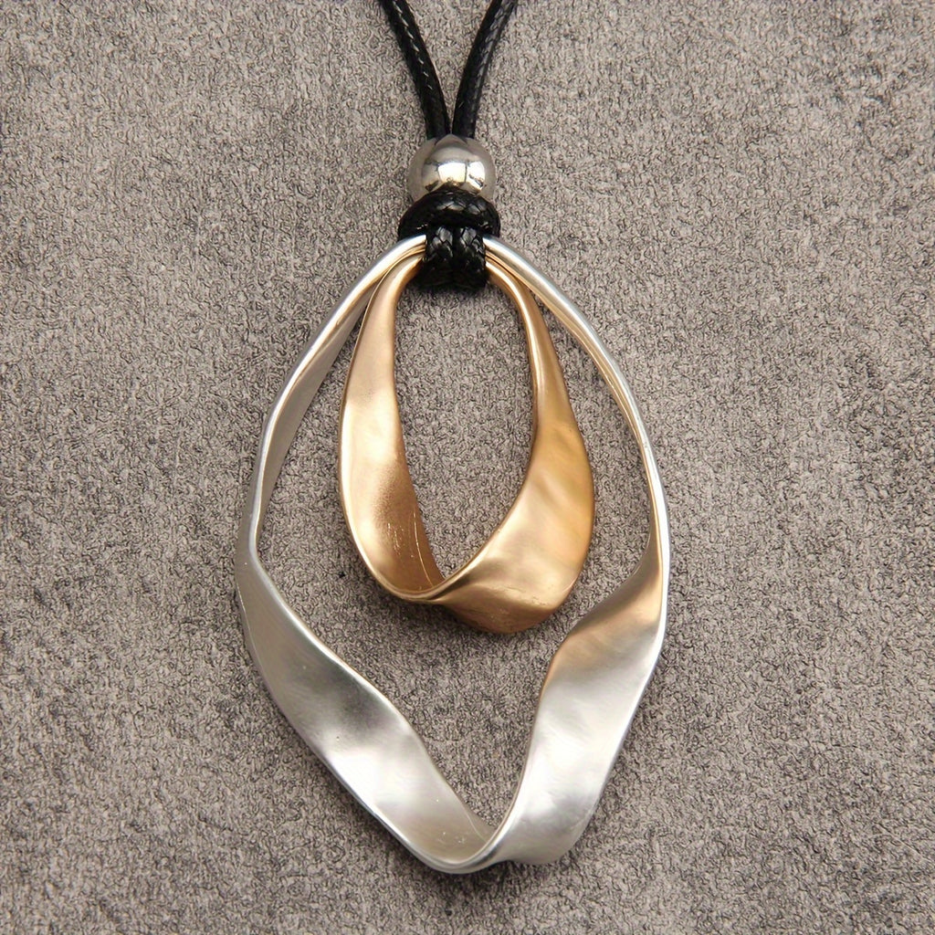 Elegant Twisted Texture Water Drop Pendant Necklace in Golden and Silvery with Black Rope, Zinc Alloy, Perfect Gift for Girlfriend, Suitable for Daily Wear and Special Occasions, Necklace