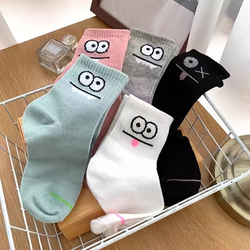 5 Pairs Women's Fun Cartoon Face Print Mid-Calf Socks - Soft Breathable All-Season Casual & Sports Socks with Assorted Colors & Playful Designs, Novelty Socks, Seasonal Wear, Comfortable Wear
