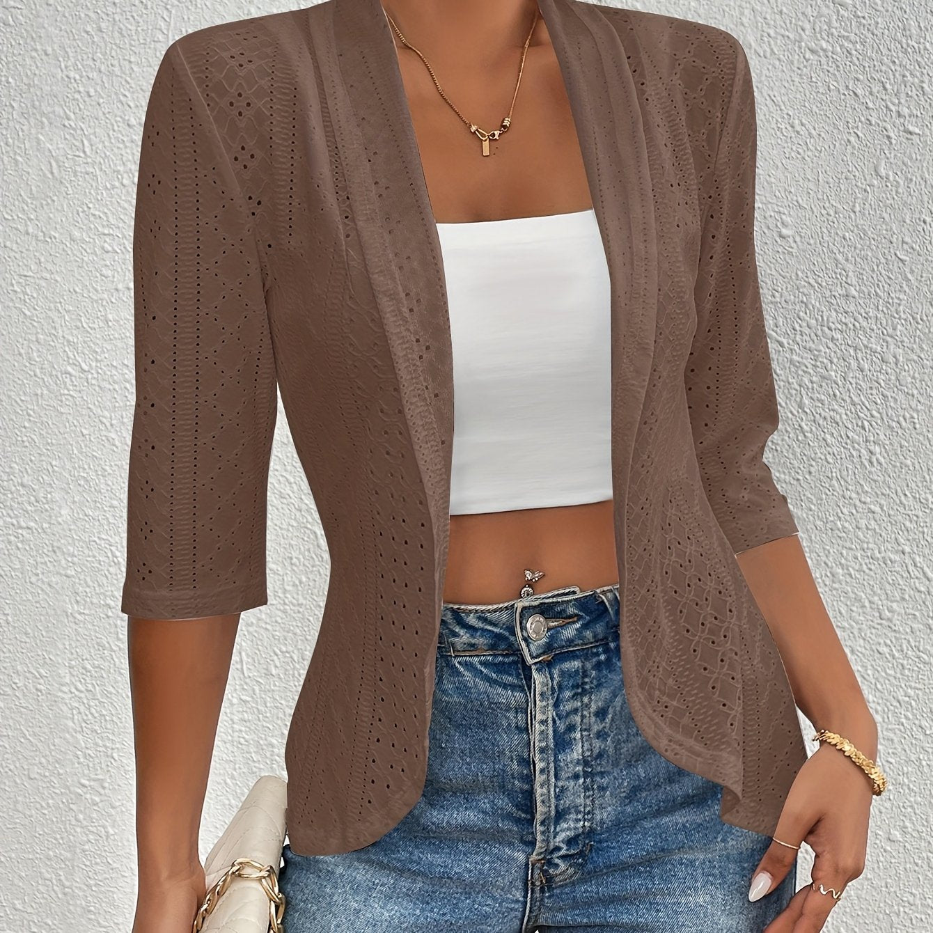 Women's Elegant Open-Front Cardigan - Solid White, Half Sleeve, Eyelet Embroidery, Lightweight Knit, Spring\u002FFall Fashion Jacket, Lightweight Cardigan