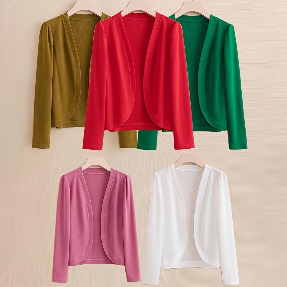 Women's Solid Color Knit Cardigan - Elegant Long Sleeve Open Front Shawl Wrap - Polyester Knitted Breathable Windproof Sun-Proof Outerwear for Mature Style