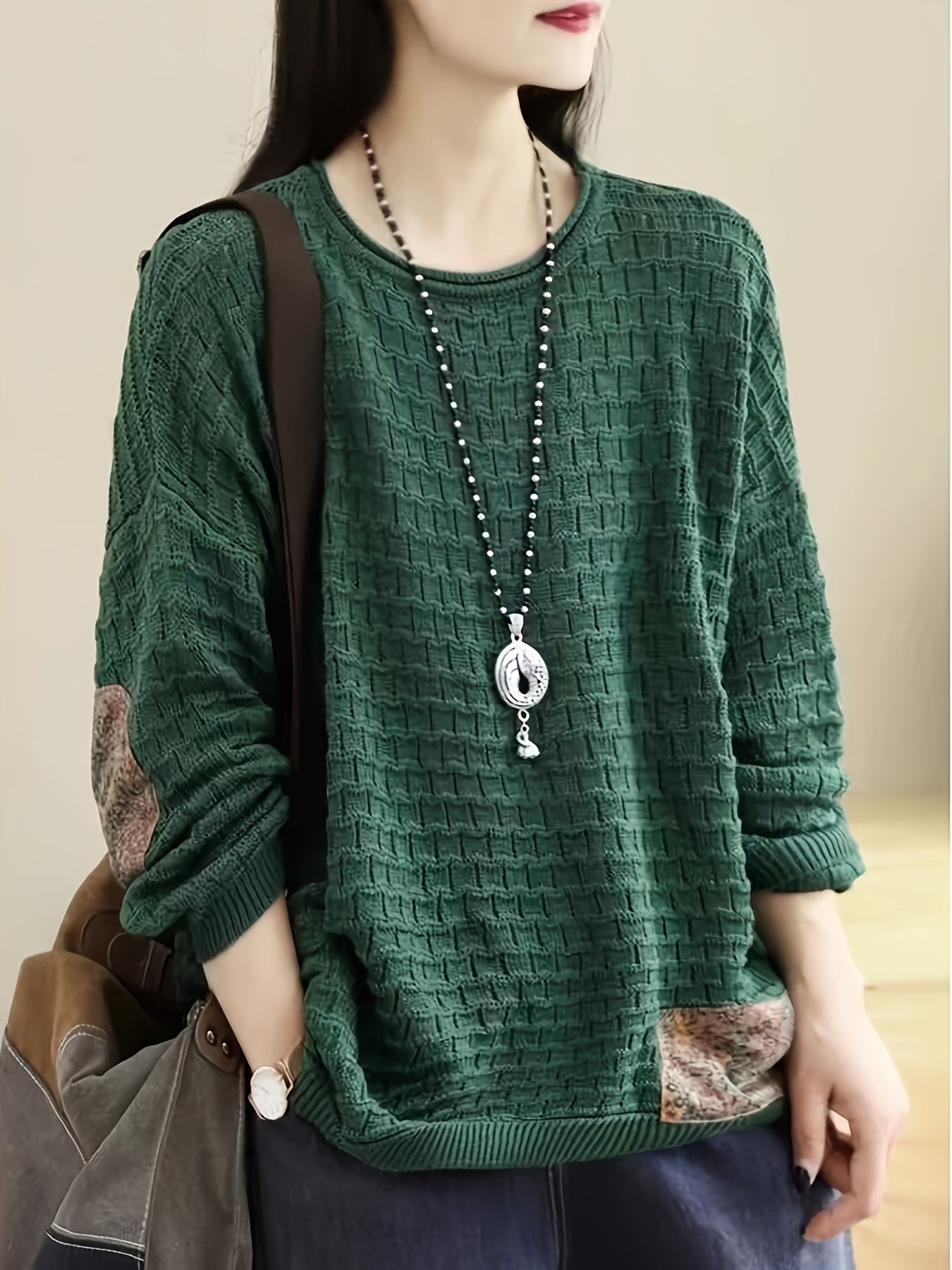 Vintage Patchwork Sweater Women's Fashion Lazy Style Loose Casual Pullover Long Sleeve Top