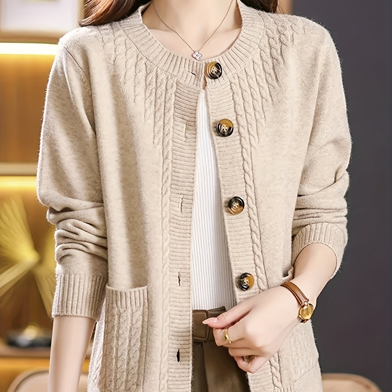 New Spring Collection for Women: a Loose-Fitting, Versatile Cardigan with a Round Neck, Solid Color, And Unique Design, Featuring Long Sleeves.