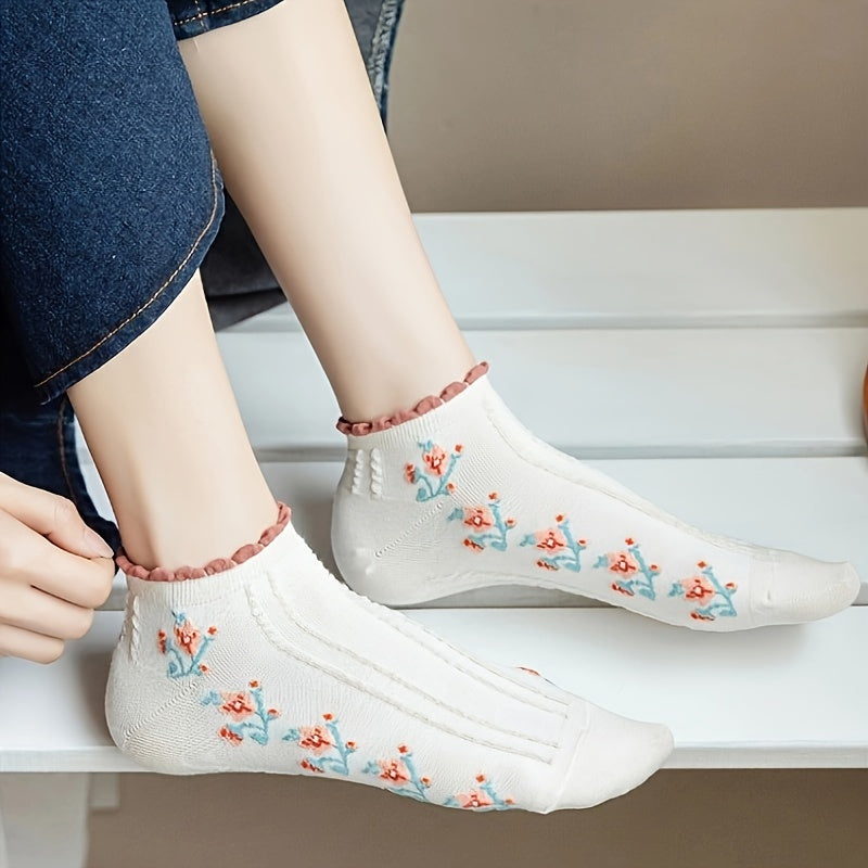 5 Pairs Women'S Floral & Letter Ankle Socks - Breathable, Comfortable Knit Fabric, Ruffled Edge Design, Pastel Colors with Colorful Lettering (Ace, Love, Friendship, Sister, Sisterhood) - Casual Wear, Cute Socks