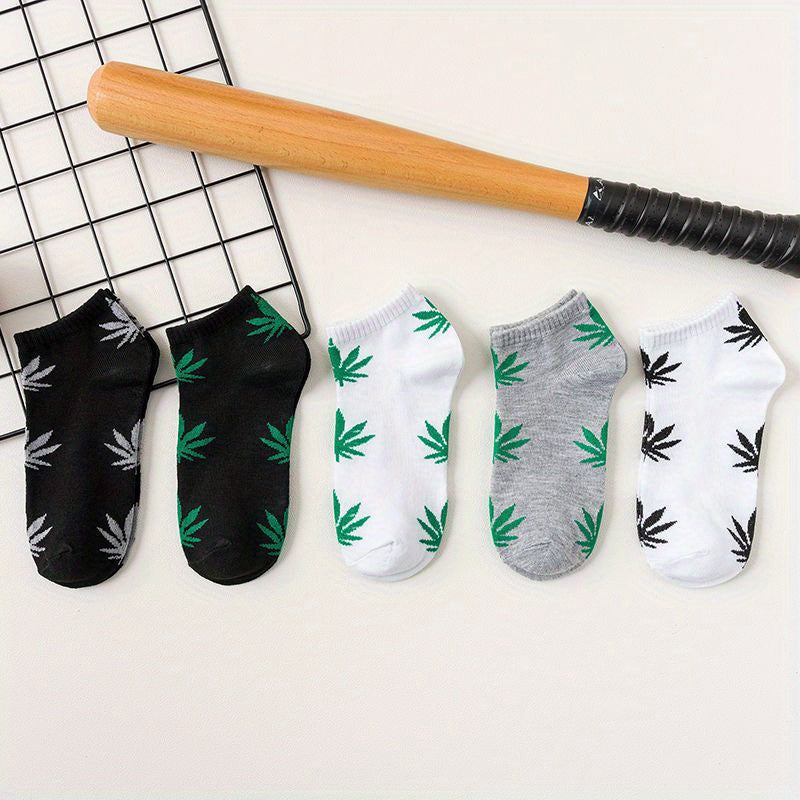 10 Pairs Women's Leaf Print Ankle Socks - Soft & Lightweight Sports Socks with Leaf Design, Breathable Short Socks for Casual Wear, Black\u002FWhite\u002FGrey with Green Accents